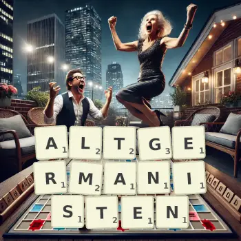 Kreative Illustration für ein Scrabble-Spiel, bei dem das Wort ALTGERMANISTEN mit Steinen auf dem Brett gelegt wurde.
