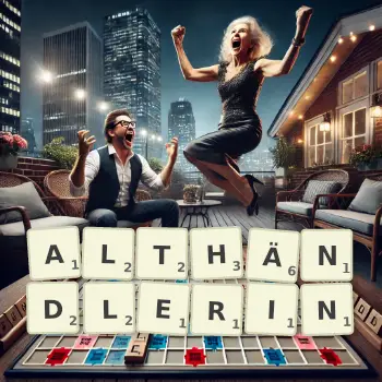 Kreative Illustration für ein Scrabble-Spiel, bei dem das Wort ALTHÄNDLERIN mit Steinen auf dem Brett gelegt wurde.