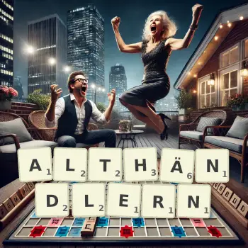 Kreative Illustration für ein Scrabble-Spiel, bei dem das Wort ALTHÄNDLERN mit Steinen auf dem Brett gelegt wurde.