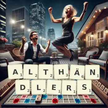 Kreative Illustration für ein Scrabble-Spiel, bei dem das Wort ALTHÄNDLERS mit Steinen auf dem Brett gelegt wurde.