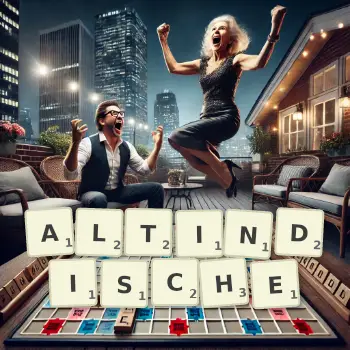 Kreative Illustration für ein Scrabble-Spiel, bei dem das Wort ALTINDISCHE mit Steinen auf dem Brett gelegt wurde.