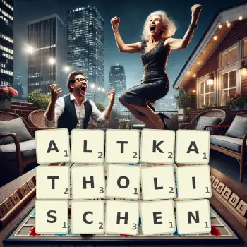 Kreative Illustration für ein Scrabble-Spiel, bei dem das Wort ALTKATHOLISCHEN mit Steinen auf dem Brett gelegt wurde.