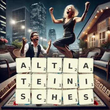 Kreative Illustration für ein Scrabble-Spiel, bei dem das Wort ALTLATEINISCHES mit Steinen auf dem Brett gelegt wurde.