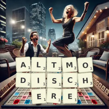 Kreative Illustration für ein Scrabble-Spiel, bei dem das Wort ALTMODISCHERE mit Steinen auf dem Brett gelegt wurde.