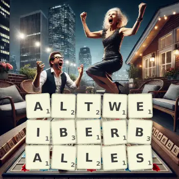 Kreative Illustration für ein Scrabble-Spiel, bei dem das Wort ALTWEIBERBALLES mit Steinen auf dem Brett gelegt wurde.