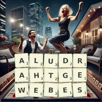 Kreative Illustration für ein Scrabble-Spiel, bei dem das Wort ALUDRAHTGEWEBES mit Steinen auf dem Brett gelegt wurde.