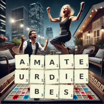 Kreative Illustration für ein Scrabble-Spiel, bei dem das Wort AMATEURDIEBES mit Steinen auf dem Brett gelegt wurde.