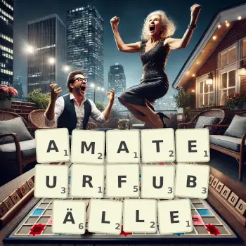 Kreative Illustration für ein Scrabble-Spiel, bei dem das Wort AMATEURFUBÄLLE mit Steinen auf dem Brett gelegt wurde.