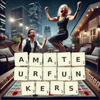Kreative Illustration für ein Scrabble-Spiel, bei dem das Wort AMATEURFUNKERS mit Steinen auf dem Brett gelegt wurde.