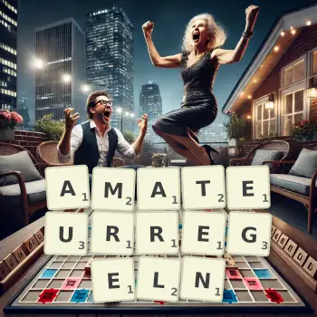 Kreative Illustration für ein Scrabble-Spiel, bei dem das Wort AMATEURREGELN mit Steinen auf dem Brett gelegt wurde.