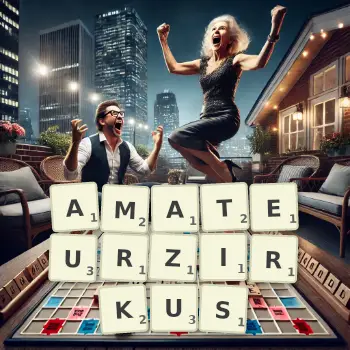 Kreative Illustration für ein Scrabble-Spiel, bei dem das Wort AMATEURZIRKUS mit Steinen auf dem Brett gelegt wurde.