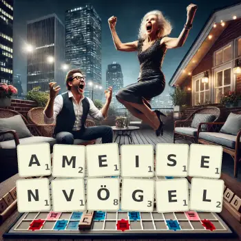 Kreative Illustration für ein Scrabble-Spiel, bei dem das Wort AMEISENVÖGEL mit Steinen auf dem Brett gelegt wurde.