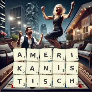 Kreative Illustration für ein Scrabble-Spiel, bei dem das Wort AMERIKANISTISCH mit Steinen auf dem Brett gelegt wurde.