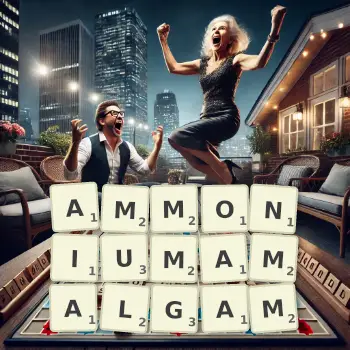 Kreative Illustration für ein Scrabble-Spiel, bei dem das Wort AMMONIUMAMALGAM mit Steinen auf dem Brett gelegt wurde.