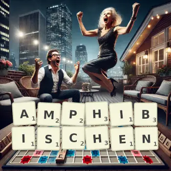 Kreative Illustration für ein Scrabble-Spiel, bei dem das Wort AMPHIBISCHEN mit Steinen auf dem Brett gelegt wurde.