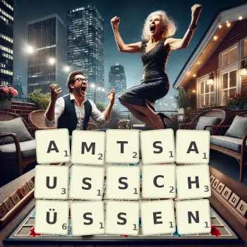 Kreative Illustration für ein Scrabble-Spiel, bei dem das Wort AMTSAUSSCHÜSSEN mit Steinen auf dem Brett gelegt wurde.