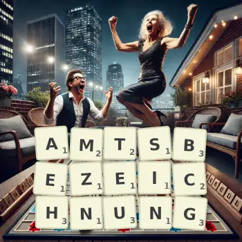 Kreative Illustration für ein Scrabble-Spiel, bei dem das Wort AMTSBEZEICHNUNG mit Steinen auf dem Brett gelegt wurde.