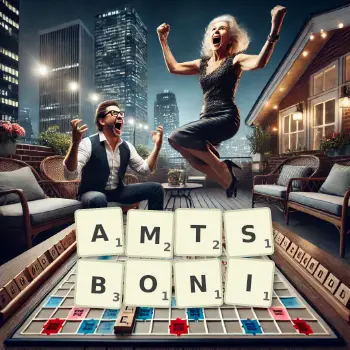 Kreative Illustration für ein Scrabble-Spiel, bei dem das Wort AMTSBONI mit Steinen auf dem Brett gelegt wurde.