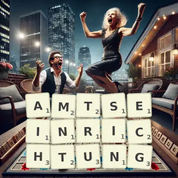 Kreative Illustration für ein Scrabble-Spiel, bei dem das Wort AMTSEINRICHTUNG mit Steinen auf dem Brett gelegt wurde.