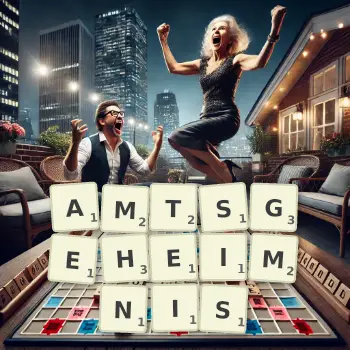 Kreative Illustration für ein Scrabble-Spiel, bei dem das Wort AMTSGEHEIMNIS mit Steinen auf dem Brett gelegt wurde.