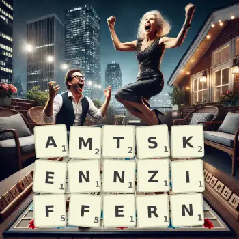Kreative Illustration für ein Scrabble-Spiel, bei dem das Wort AMTSKENNZIFFERN mit Steinen auf dem Brett gelegt wurde.