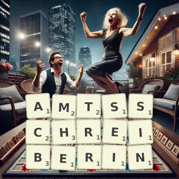 Kreative Illustration für ein Scrabble-Spiel, bei dem das Wort AMTSSCHREIBERIN mit Steinen auf dem Brett gelegt wurde.