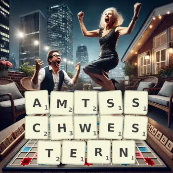 Kreative Illustration für ein Scrabble-Spiel, bei dem das Wort AMTSSCHWESTERN mit Steinen auf dem Brett gelegt wurde.