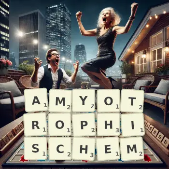 Kreative Illustration für ein Scrabble-Spiel, bei dem das Wort AMYOTROPHISCHEM mit Steinen auf dem Brett gelegt wurde.