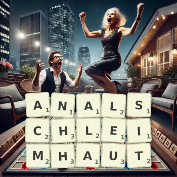 Kreative Illustration für ein Scrabble-Spiel, bei dem das Wort ANALSCHLEIMHAUT mit Steinen auf dem Brett gelegt wurde.