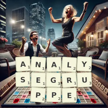 Kreative Illustration für ein Scrabble-Spiel, bei dem das Wort ANALYSEGRUPPE mit Steinen auf dem Brett gelegt wurde.
