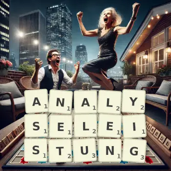 Kreative Illustration für ein Scrabble-Spiel, bei dem das Wort ANALYSELEISTUNG mit Steinen auf dem Brett gelegt wurde.