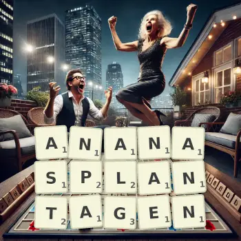 Kreative Illustration für ein Scrabble-Spiel, bei dem das Wort ANANASPLANTAGEN mit Steinen auf dem Brett gelegt wurde.