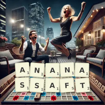 Kreative Illustration für ein Scrabble-Spiel, bei dem das Wort ANANASSAFT mit Steinen auf dem Brett gelegt wurde.