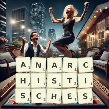 Kreative Illustration für ein Scrabble-Spiel, bei dem das Wort ANARCHISTISCHES mit Steinen auf dem Brett gelegt wurde.