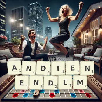 Kreative Illustration für ein Scrabble-Spiel, bei dem das Wort ANDIENENDEM mit Steinen auf dem Brett gelegt wurde.