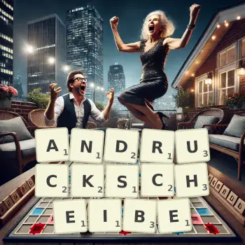 Kreative Illustration für ein Scrabble-Spiel, bei dem das Wort ANDRUCKSCHEIBE mit Steinen auf dem Brett gelegt wurde.