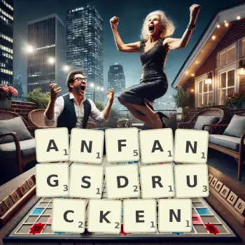 Kreative Illustration für ein Scrabble-Spiel, bei dem das Wort ANFANGSDRUCKEN mit Steinen auf dem Brett gelegt wurde.