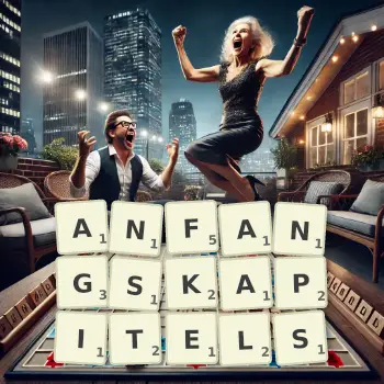 Kreative Illustration für ein Scrabble-Spiel, bei dem das Wort ANFANGSKAPITELS mit Steinen auf dem Brett gelegt wurde.