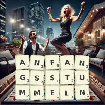 Kreative Illustration für ein Scrabble-Spiel, bei dem das Wort ANFANGSSTUMMELN mit Steinen auf dem Brett gelegt wurde.