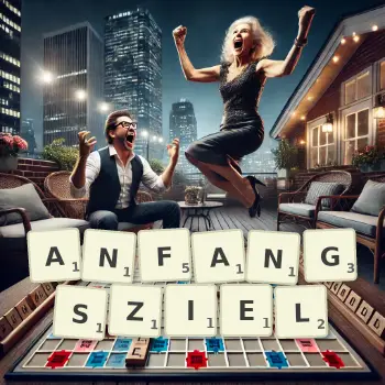 Kreative Illustration für ein Scrabble-Spiel, bei dem das Wort ANFANGSZIEL mit Steinen auf dem Brett gelegt wurde.