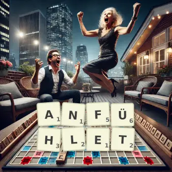 Kreative Illustration für ein Scrabble-Spiel, bei dem das Wort ANFÜHLET mit Steinen auf dem Brett gelegt wurde.