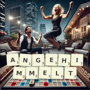 Kreative Illustration für ein Scrabble-Spiel, bei dem das Wort ANGEHIMMELT mit Steinen auf dem Brett gelegt wurde.