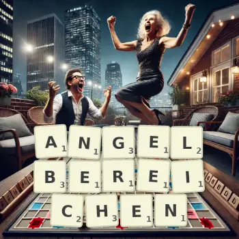 Kreative Illustration für ein Scrabble-Spiel, bei dem das Wort ANGELBEREICHEN mit Steinen auf dem Brett gelegt wurde.
