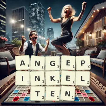 Kreative Illustration für ein Scrabble-Spiel, bei dem das Wort ANGEPINKELTEN mit Steinen auf dem Brett gelegt wurde.