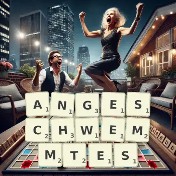 Kreative Illustration für ein Scrabble-Spiel, bei dem das Wort ANGESCHWEMMTES mit Steinen auf dem Brett gelegt wurde.