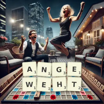 Kreative Illustration für ein Scrabble-Spiel, bei dem das Wort ANGEWEHT mit Steinen auf dem Brett gelegt wurde.