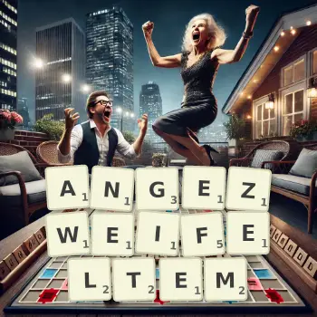 Kreative Illustration für ein Scrabble-Spiel, bei dem das Wort ANGEZWEIFELTEM mit Steinen auf dem Brett gelegt wurde.