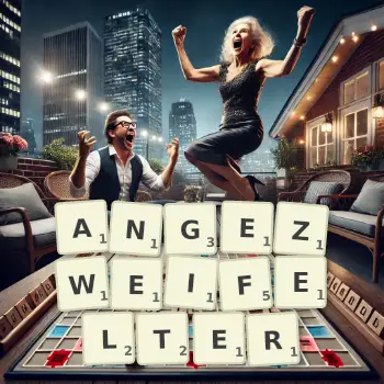 Kreative Illustration für ein Scrabble-Spiel, bei dem das Wort ANGEZWEIFELTER mit Steinen auf dem Brett gelegt wurde.