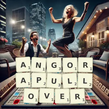 Kreative Illustration für ein Scrabble-Spiel, bei dem das Wort ANGORAPULLOVER mit Steinen auf dem Brett gelegt wurde.