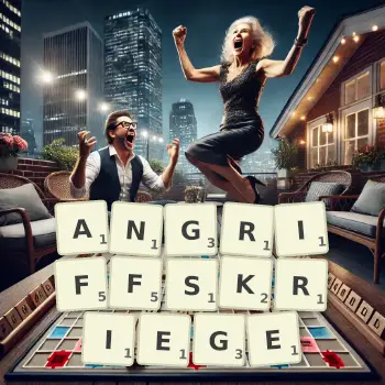 Kreative Illustration für ein Scrabble-Spiel, bei dem das Wort ANGRIFFSKRIEGE mit Steinen auf dem Brett gelegt wurde.
